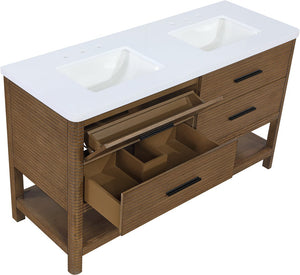 Meridian Furniture Oakwell Solid Wood Bathroom Vanity with Engineered Stone Top and Soft Close Drawer Storage Brown 60 inches 679Brown-60