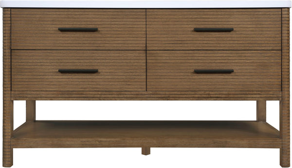 Meridian Furniture Oakwell Solid Wood Bathroom Vanity with Engineered Stone Top and Soft Close Drawer Storage Brown 60 inches 679Brown-60