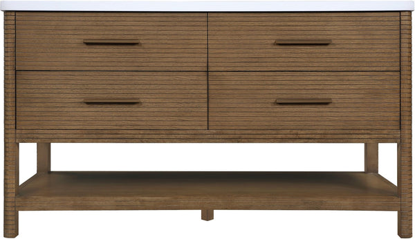 Meridian Furniture Oakwell Solid Wood Bathroom Vanity with Engineered Stone Top and Soft Close Drawer Storage Brown 60 inches 679Brown-60