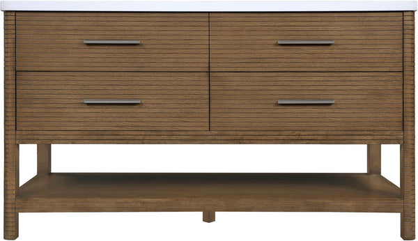 Meridian Furniture Oakwell Solid Wood Bathroom Vanity with Engineered Stone Top and Soft Close Drawer Storage Brown 60 inches 679Brown-60