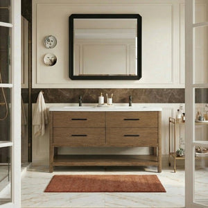 Meridian Furniture Oakwell Solid Wood Bathroom Vanity with Engineered Stone Top and Soft Close Drawer Storage Brown 60 inches 679Brown-60