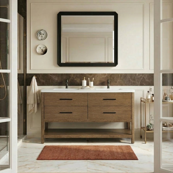 Meridian Furniture Oakwell Solid Wood Bathroom Vanity with Engineered Stone Top and Soft Close Drawer Storage Brown 60 inches 679Brown-60