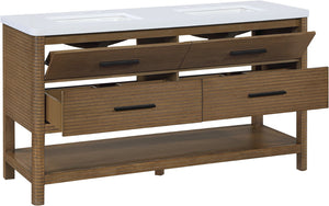 Meridian Furniture Oakwell Solid Wood Bathroom Vanity with Engineered Stone Top and Soft Close Drawer Storage Brown 60 inches 679Brown-60