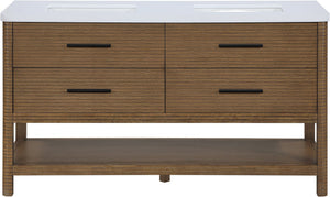 Meridian Furniture Oakwell Solid Wood Bathroom Vanity with Engineered Stone Top and Soft Close Drawer Storage Brown 60 inches 679Brown-60
