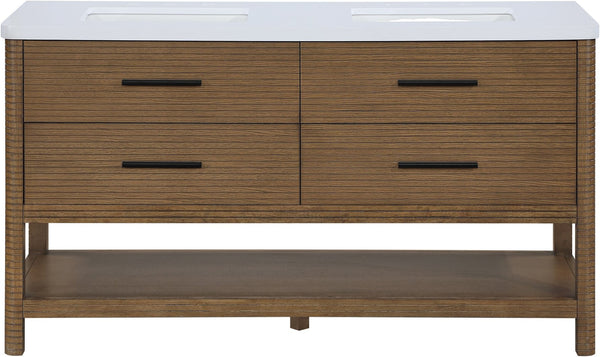 Meridian Furniture Oakwell Solid Wood Bathroom Vanity with Engineered Stone Top and Soft Close Drawer Storage Brown 60 inches 679Brown-60
