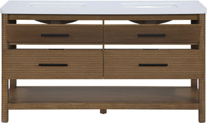 Meridian Furniture Oakwell Solid Wood Bathroom Vanity with Engineered Stone Top and Soft Close Drawer Storage Brown 60 inches 679Brown-60