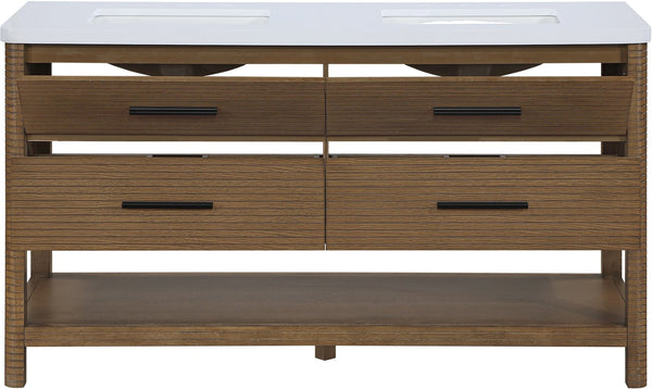 Meridian Furniture Oakwell Solid Wood Bathroom Vanity with Engineered Stone Top and Soft Close Drawer Storage Brown 60 inches 679Brown-60