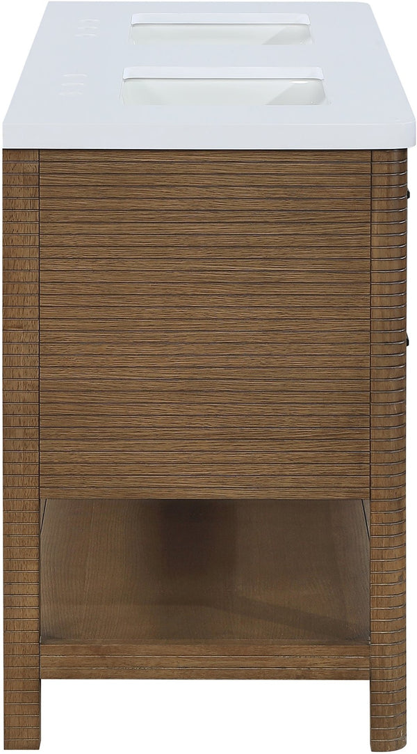 Meridian Furniture Oakwell Solid Wood Bathroom Vanity with Engineered Stone Top and Soft Close Drawer Storage Brown 60 inches 679Brown-60
