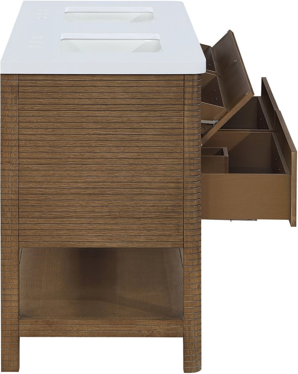 Meridian Furniture Oakwell Solid Wood Bathroom Vanity with Engineered Stone Top and Soft Close Drawer Storage Brown 60 inches 679Brown-60
