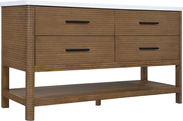 Meridian Furniture Oakwell Solid Wood Bathroom Vanity with Engineered Stone Top and Soft Close Drawer Storage Brown 60 inches 679Brown-60