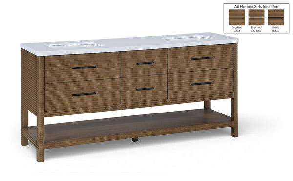 Meridian Furniture Oakwell Solid Wood Bathroom Vanity with Engineered Stone Top and Soft Close Drawer Storage Brown 72 inches 679Brown-72