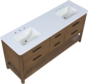 Meridian Furniture Oakwell Solid Wood Bathroom Vanity with Engineered Stone Top and Soft Close Drawer Storage Brown 72 inches 679Brown-72
