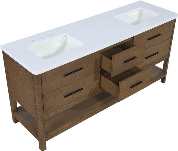 Meridian Furniture Oakwell Solid Wood Bathroom Vanity with Engineered Stone Top and Soft Close Drawer Storage Brown 72 inches 679Brown-72