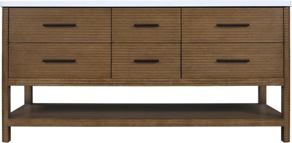 Meridian Furniture Oakwell Solid Wood Bathroom Vanity with Engineered Stone Top and Soft Close Drawer Storage Brown 72 inches 679Brown-72