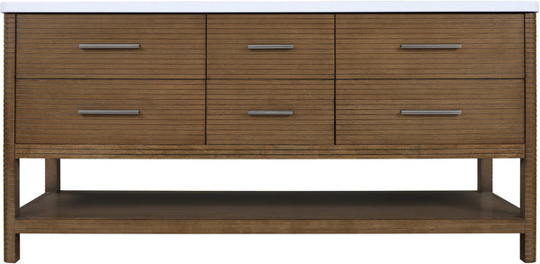 Meridian Furniture Oakwell Solid Wood Bathroom Vanity with Engineered Stone Top and Soft Close Drawer Storage Brown 72 inches 679Brown-72