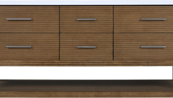 Meridian Furniture Oakwell Solid Wood Bathroom Vanity with Engineered Stone Top and Soft Close Drawer Storage Brown 72 inches 679Brown-72