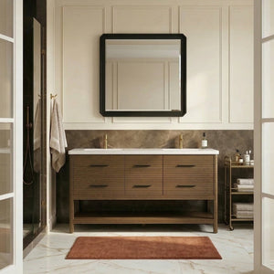 Meridian Furniture Oakwell Solid Wood Bathroom Vanity with Engineered Stone Top and Soft Close Drawer Storage Brown 72 inches 679Brown-72