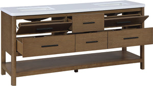 Meridian Furniture Oakwell Solid Wood Bathroom Vanity with Engineered Stone Top and Soft Close Drawer Storage Brown 72 inches 679Brown-72