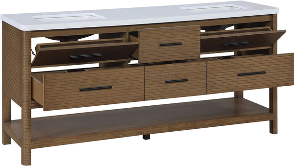Meridian Furniture Oakwell Solid Wood Bathroom Vanity with Engineered Stone Top and Soft Close Drawer Storage Brown 72 inches 679Brown-72