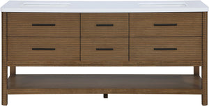 Meridian Furniture Oakwell Solid Wood Bathroom Vanity with Engineered Stone Top and Soft Close Drawer Storage Brown 72 inches 679Brown-72