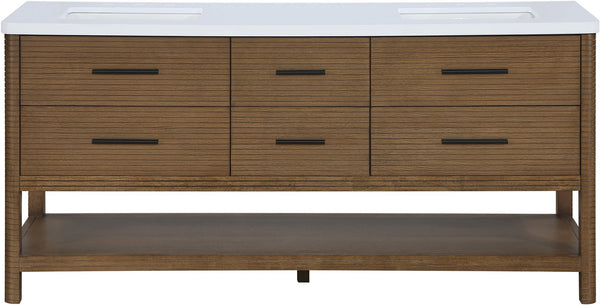 Meridian Furniture Oakwell Solid Wood Bathroom Vanity with Engineered Stone Top and Soft Close Drawer Storage Brown 72 inches 679Brown-72