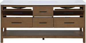 Meridian Furniture Oakwell Solid Wood Bathroom Vanity with Engineered Stone Top and Soft Close Drawer Storage Brown 72 inches 679Brown-72