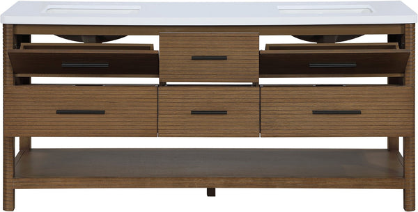 Meridian Furniture Oakwell Solid Wood Bathroom Vanity with Engineered Stone Top and Soft Close Drawer Storage Brown 72 inches 679Brown-72