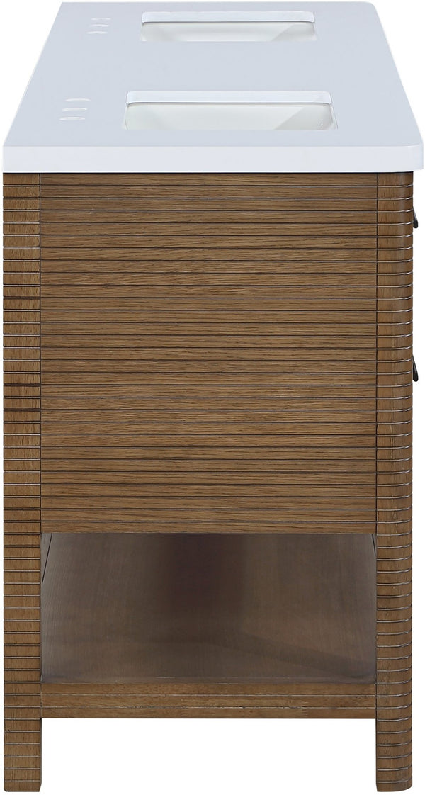 Meridian Furniture Oakwell Solid Wood Bathroom Vanity with Engineered Stone Top and Soft Close Drawer Storage Brown 72 inches 679Brown-72