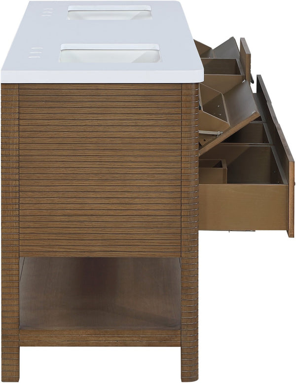 Meridian Furniture Oakwell Solid Wood Bathroom Vanity with Engineered Stone Top and Soft Close Drawer Storage Brown 72 inches 679Brown-72