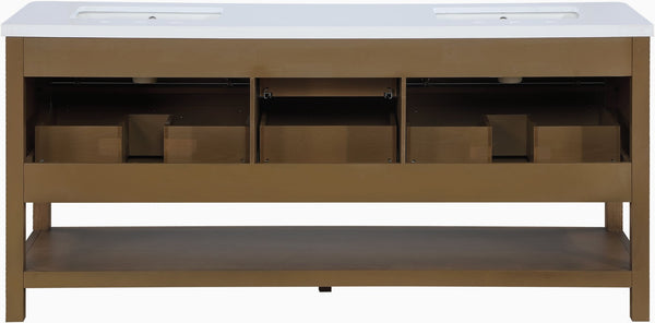 Meridian Furniture Oakwell Solid Wood Bathroom Vanity with Engineered Stone Top and Soft Close Drawer Storage Brown 72 inches 679Brown-72
