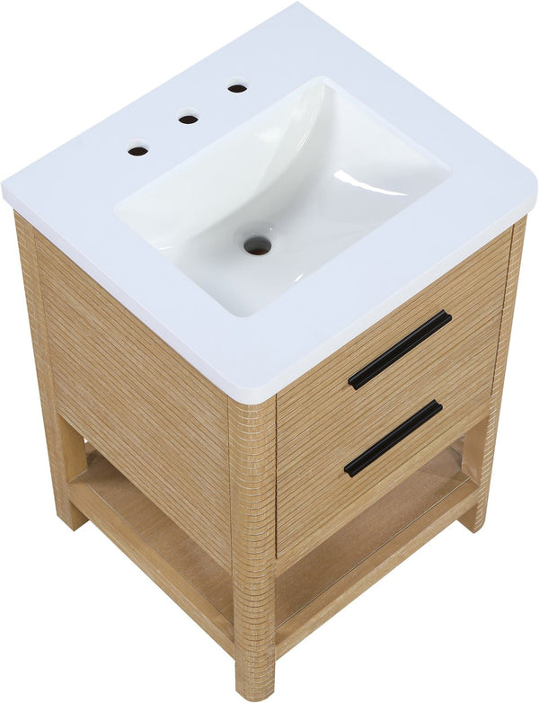 Meridian Furniture Oakwell Solid Wood Bathroom Vanity with Engineered Stone Top and Soft Close Drawer Storage Natural 24 inches 679Natural-24