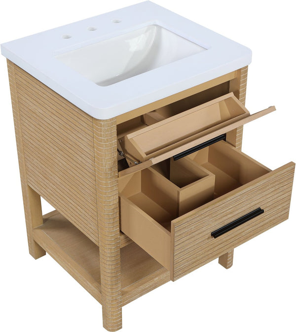 Meridian Furniture Oakwell Solid Wood Bathroom Vanity with Engineered Stone Top and Soft Close Drawer Storage Natural 24 inches 679Natural-24