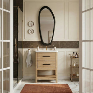 Meridian Furniture Oakwell Solid Wood Bathroom Vanity with Engineered Stone Top and Soft Close Drawer Storage Natural 24 inches 679Natural-24