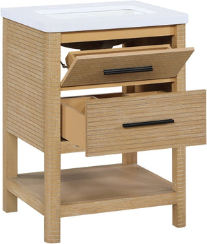 Meridian Furniture Oakwell Solid Wood Bathroom Vanity with Engineered Stone Top and Soft Close Drawer Storage Natural 24 inches 679Natural-24