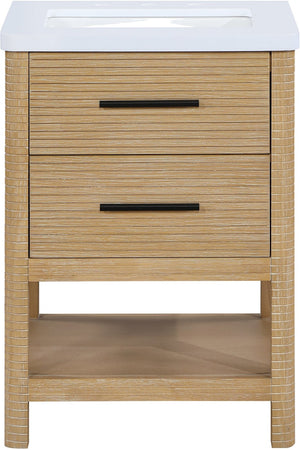 Meridian Furniture Oakwell Solid Wood Bathroom Vanity with Engineered Stone Top and Soft Close Drawer Storage Natural 24 inches 679Natural-24