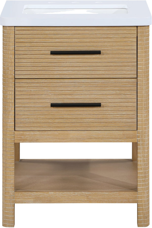 Meridian Furniture Oakwell Solid Wood Bathroom Vanity with Engineered Stone Top and Soft Close Drawer Storage Natural 24 inches 679Natural-24