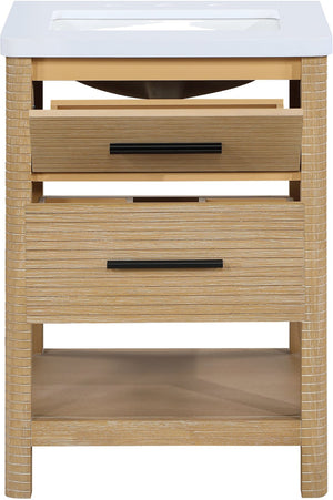 Meridian Furniture Oakwell Solid Wood Bathroom Vanity with Engineered Stone Top and Soft Close Drawer Storage Natural 24 inches 679Natural-24