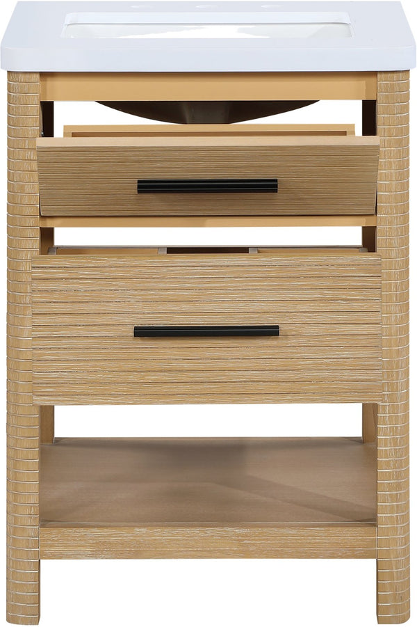 Meridian Furniture Oakwell Solid Wood Bathroom Vanity with Engineered Stone Top and Soft Close Drawer Storage Natural 24 inches 679Natural-24