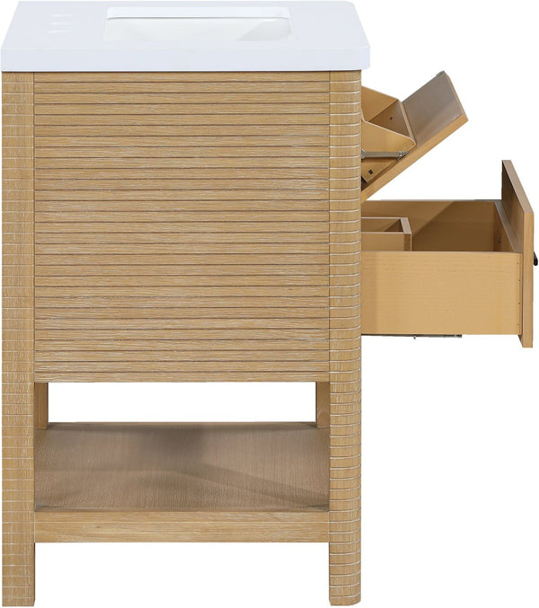 Meridian Furniture Oakwell Solid Wood Bathroom Vanity with Engineered Stone Top and Soft Close Drawer Storage Natural 24 inches 679Natural-24