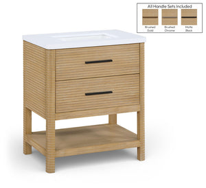 Meridian Furniture Oakwell Solid Wood Bathroom Vanity with Engineered Stone Top and Soft Close Drawer Storage Natural 30 inches 679Natural-30
