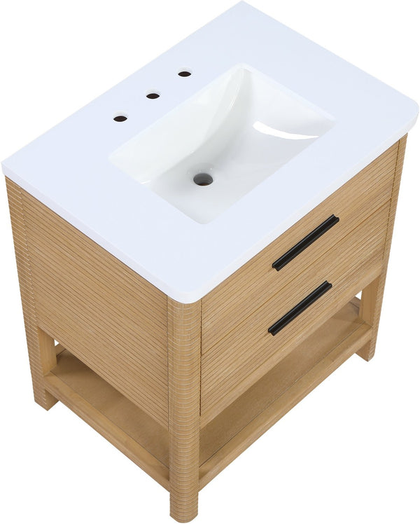Meridian Furniture Oakwell Solid Wood Bathroom Vanity with Engineered Stone Top and Soft Close Drawer Storage Natural 30 inches 679Natural-30