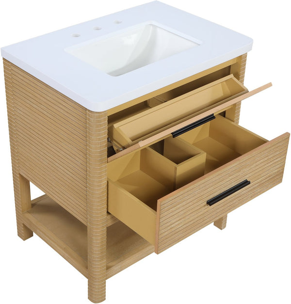Meridian Furniture Oakwell Solid Wood Bathroom Vanity with Engineered Stone Top and Soft Close Drawer Storage Natural 30 inches 679Natural-30