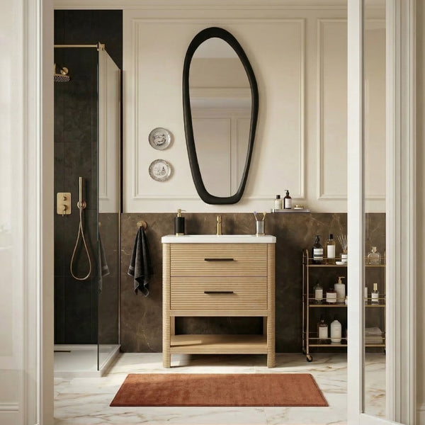 Meridian Furniture Oakwell Solid Wood Bathroom Vanity with Engineered Stone Top and Soft Close Drawer Storage Natural 30 inches 679Natural-30