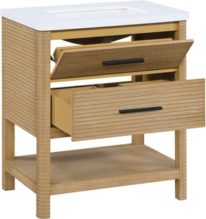 Meridian Furniture Oakwell Solid Wood Bathroom Vanity with Engineered Stone Top and Soft Close Drawer Storage Natural 30 inches 679Natural-30