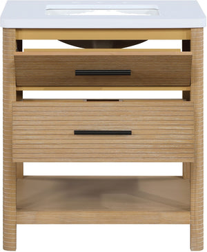 Meridian Furniture Oakwell Solid Wood Bathroom Vanity with Engineered Stone Top and Soft Close Drawer Storage Natural 30 inches 679Natural-30