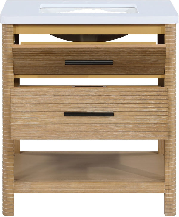Meridian Furniture Oakwell Solid Wood Bathroom Vanity with Engineered Stone Top and Soft Close Drawer Storage Natural 30 inches 679Natural-30
