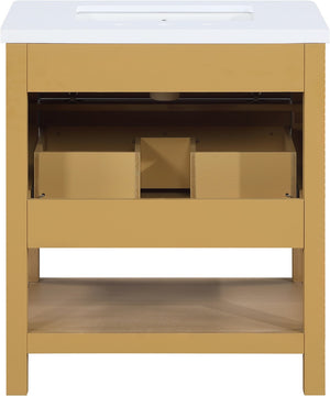 Meridian Furniture Oakwell Solid Wood Bathroom Vanity with Engineered Stone Top and Soft Close Drawer Storage Natural 30 inches 679Natural-30