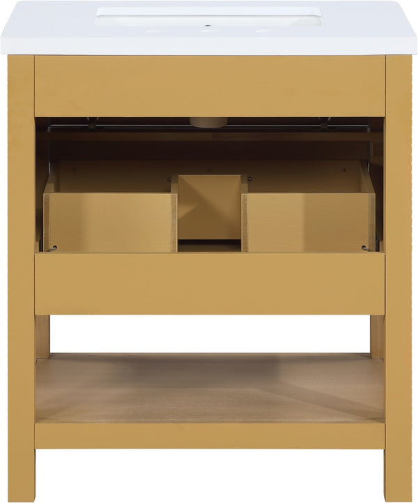 Meridian Furniture Oakwell Solid Wood Bathroom Vanity with Engineered Stone Top and Soft Close Drawer Storage Natural 30 inches 679Natural-30