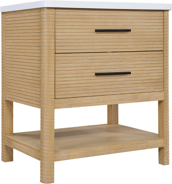 Meridian Furniture Oakwell Solid Wood Bathroom Vanity with Engineered Stone Top and Soft Close Drawer Storage Natural 30 inches 679Natural-30