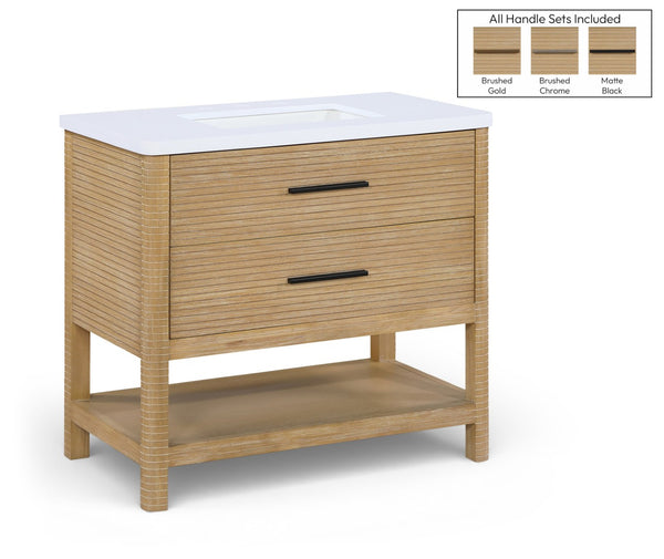 Meridian Furniture Oakwell Solid Wood Bathroom Vanity with Engineered Stone Top and Soft Close Drawer Storage Natural 36 inches 679Natural-36